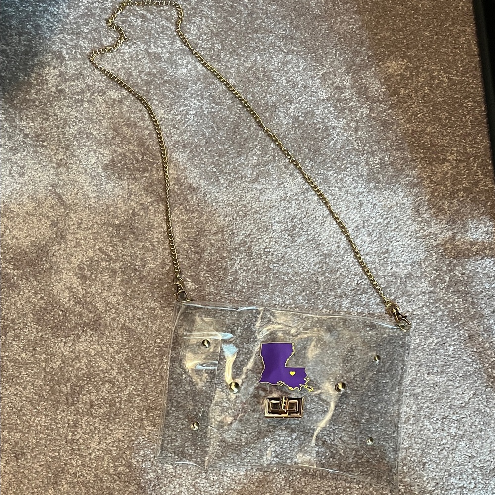 Boutique 9 Clear and Purple Crossbody Bag with Gold Chain